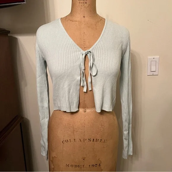 Garage Fly Away Open Tie Front Ribbed Cardigan Sweater Top - Picture 2 of 7